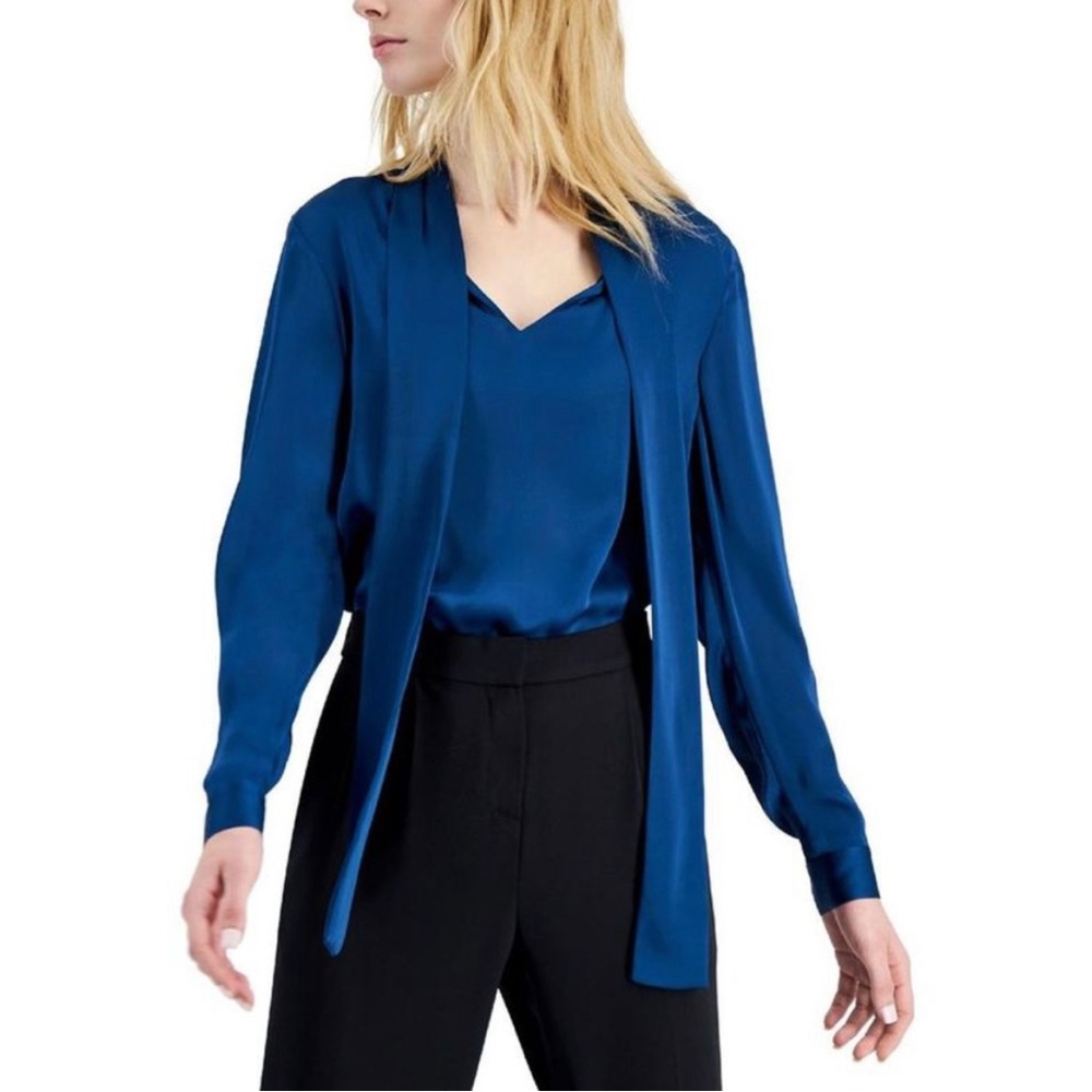 Anne Klein Cobalt Blue Satin Tie-Neck Blouse